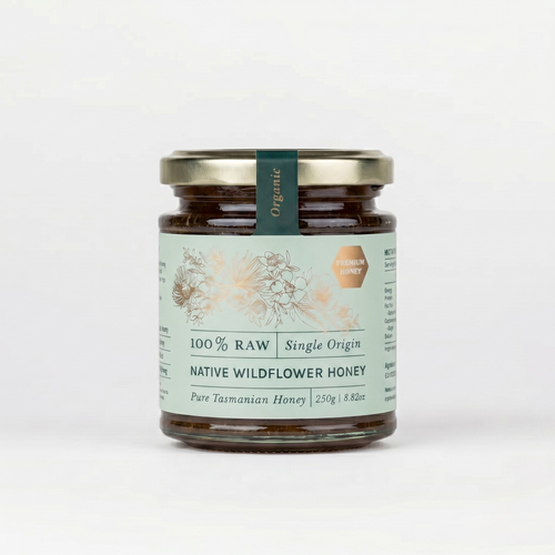 Flinders Island Native Wildflower Honey - 100% Raw, Botanical Blend, on a plain background