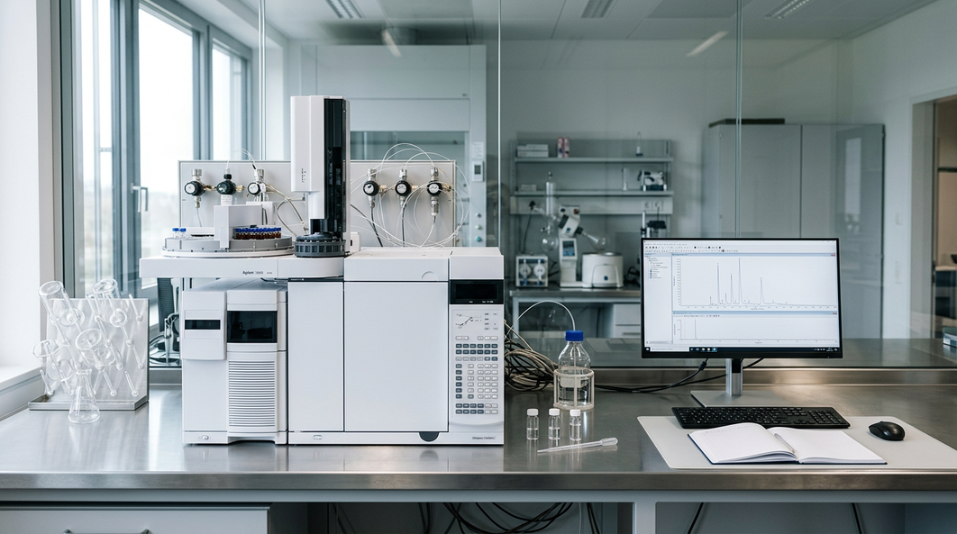 Laboratory bench used for gas chromatography-mass spectrometry analysis of essential oils
