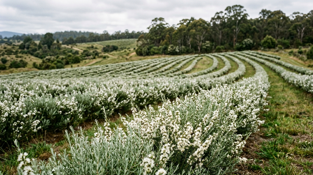 Rows of Kunzea ambigua shrubs growing in a Tasmanian plantation