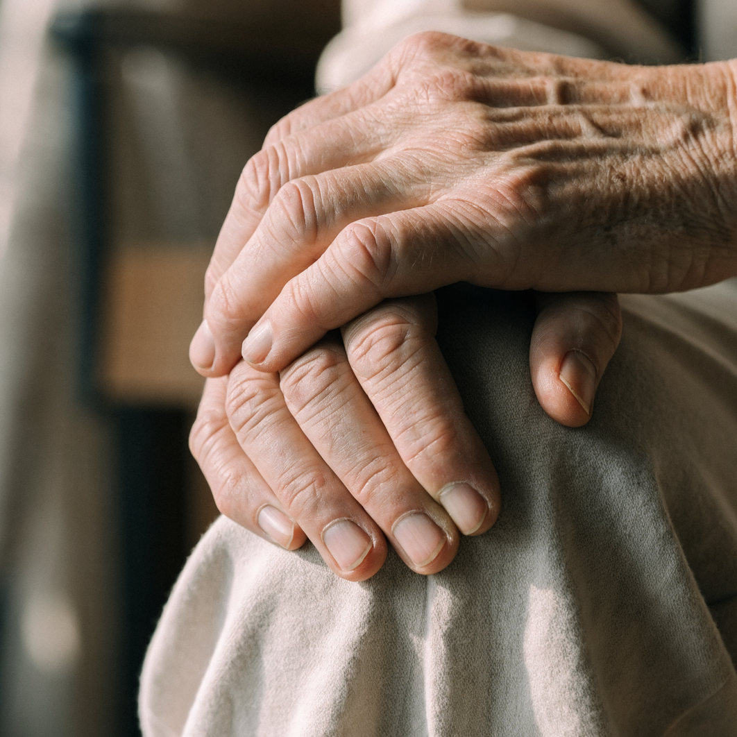 Close-up of an older person's hands resting on their knee while seated by a window