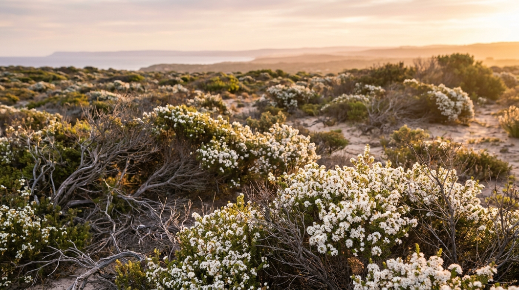 Coastal tea-tree family scrubland where Kanuka, Kunzea and Manuka grow wild