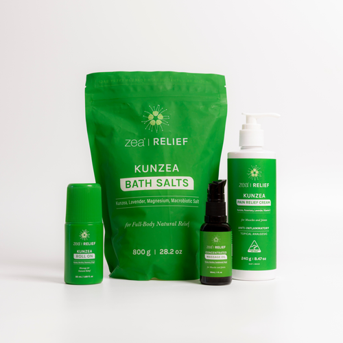 Zea Relief Kunzea Pain Relief Bundle, on a plain background