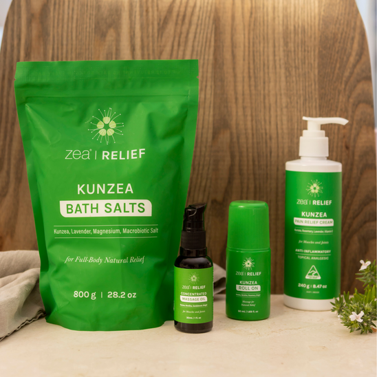 Zea Relief Kunzea Pain Relief Bundle, styled product photograph